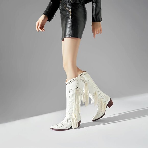 Women's White Fashion Pointed Toe Chunky Heel Rivet Pull-On Knee High Fringe - Picture 8 of 8